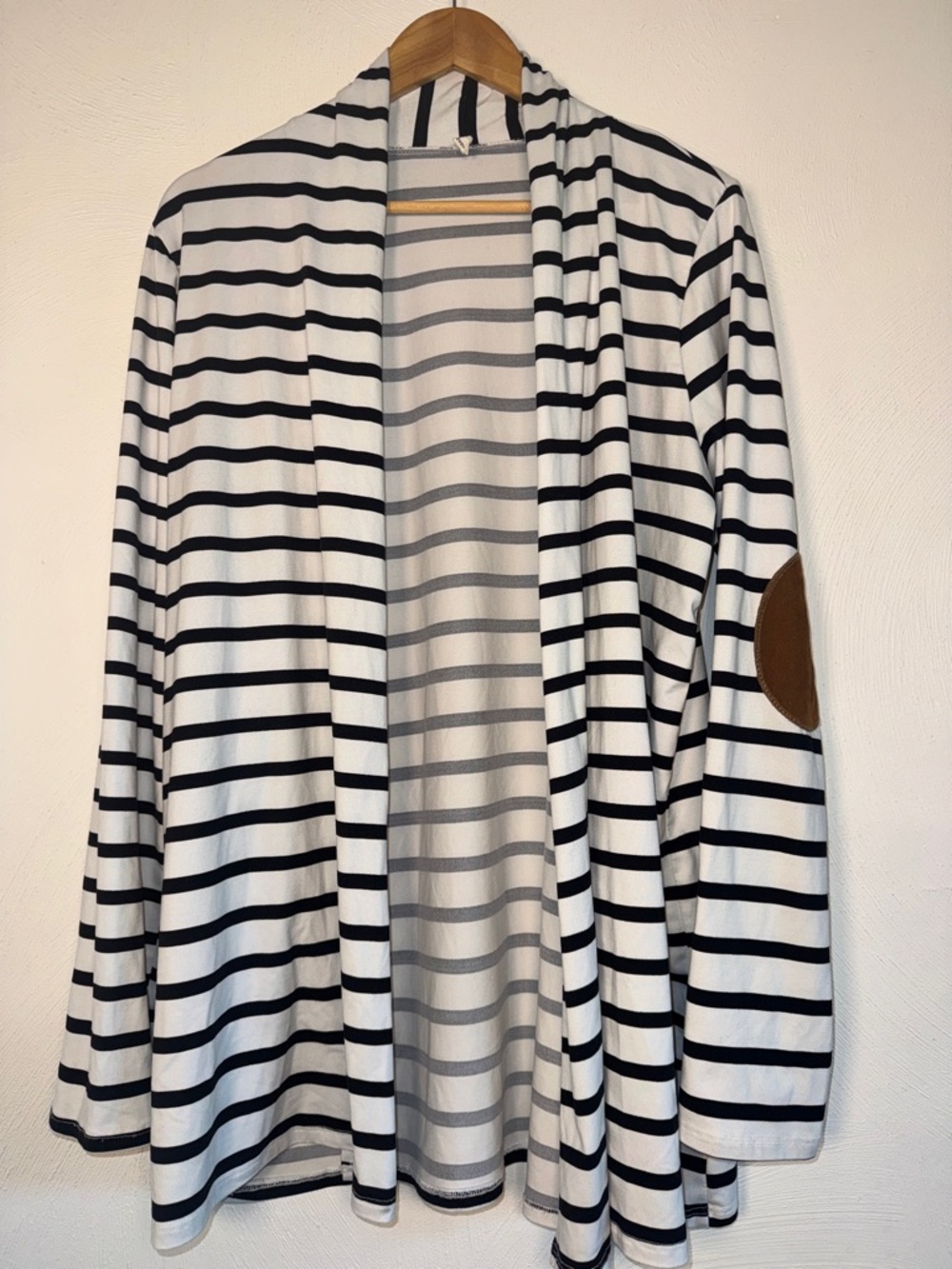 Beeson River Black & White Striped Open-Front Cardigan with Brown Elbow Patch